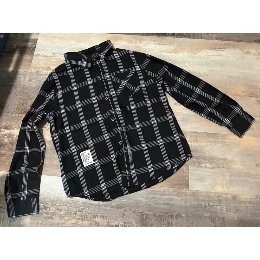 Hua Quan Black White Plaid Flannel Button Down Shirt Mens Small Streetwear Patch